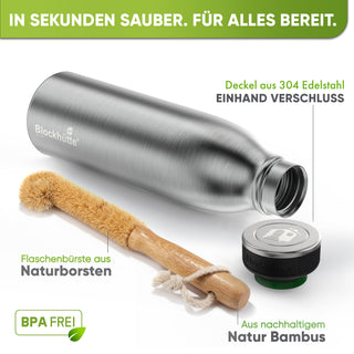Premium Edelstahl Sport Trinkflasche isoliert mit [GRATIS Naturborsten - Bürste]
