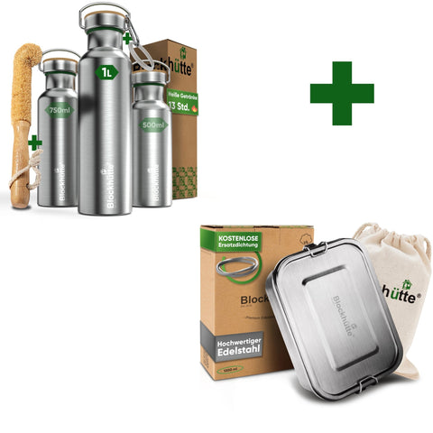 Abenteuer Bundle - Edelstahl Brotdose + Edelstahl Trinkflasche | Edelstahl Trinkflasche: 500ml | Edelstahl Brotdose: 1400ml