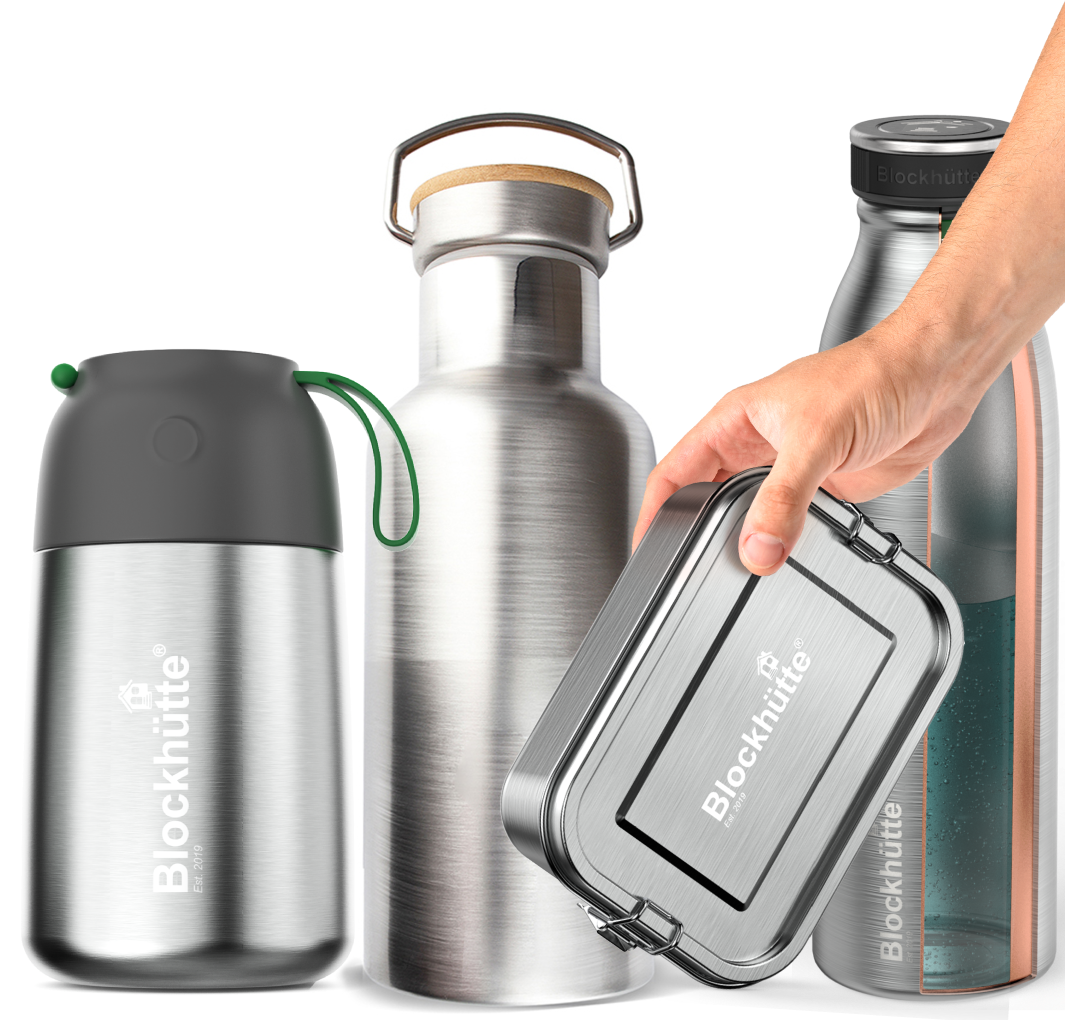 Blockhütte Thermobehälter, Trinkflasche und Brotdose mit Firmengravur