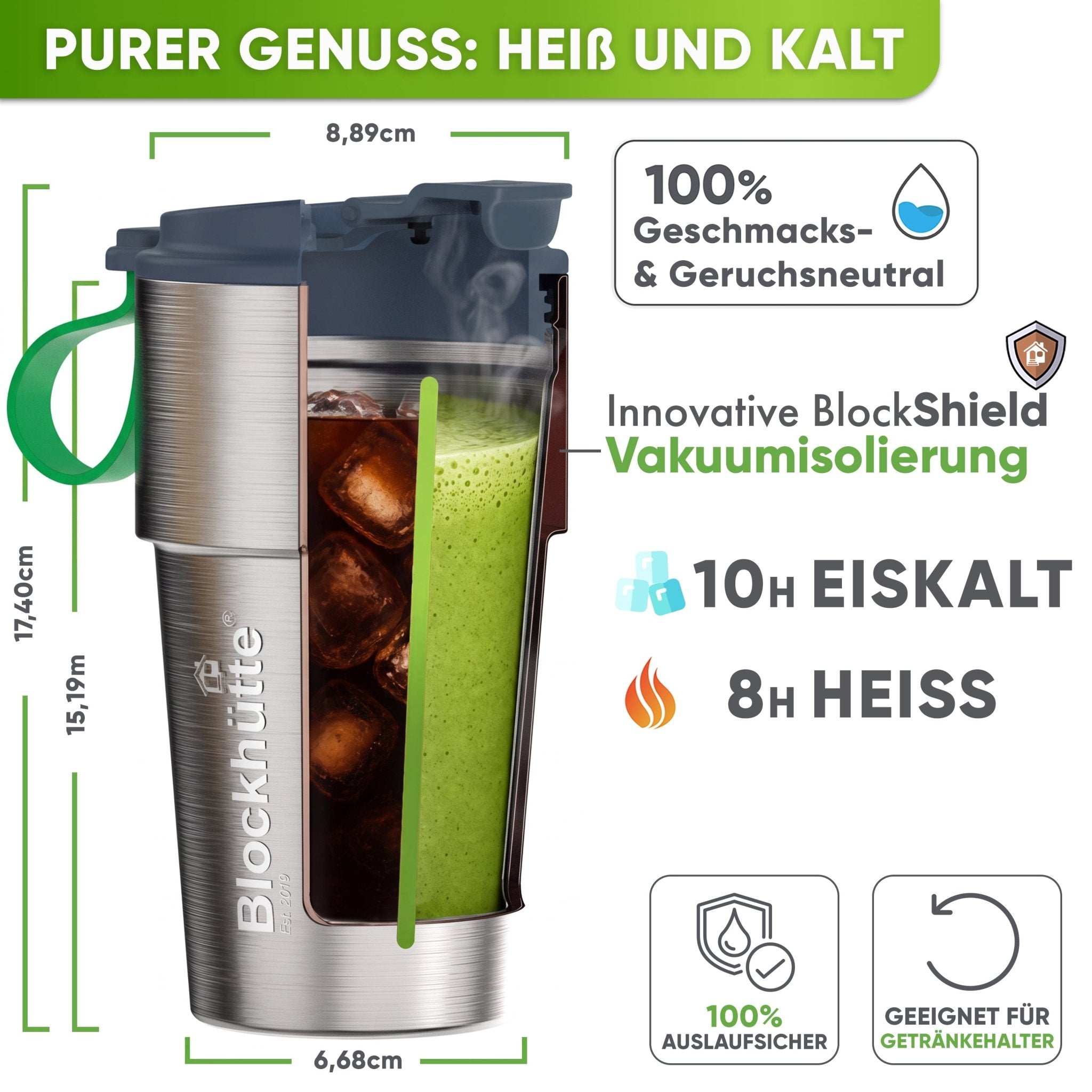 Isolierter Edelstahl Thermobecher für Kaffee und Tee – Grau, 500ml, Ansicht 3