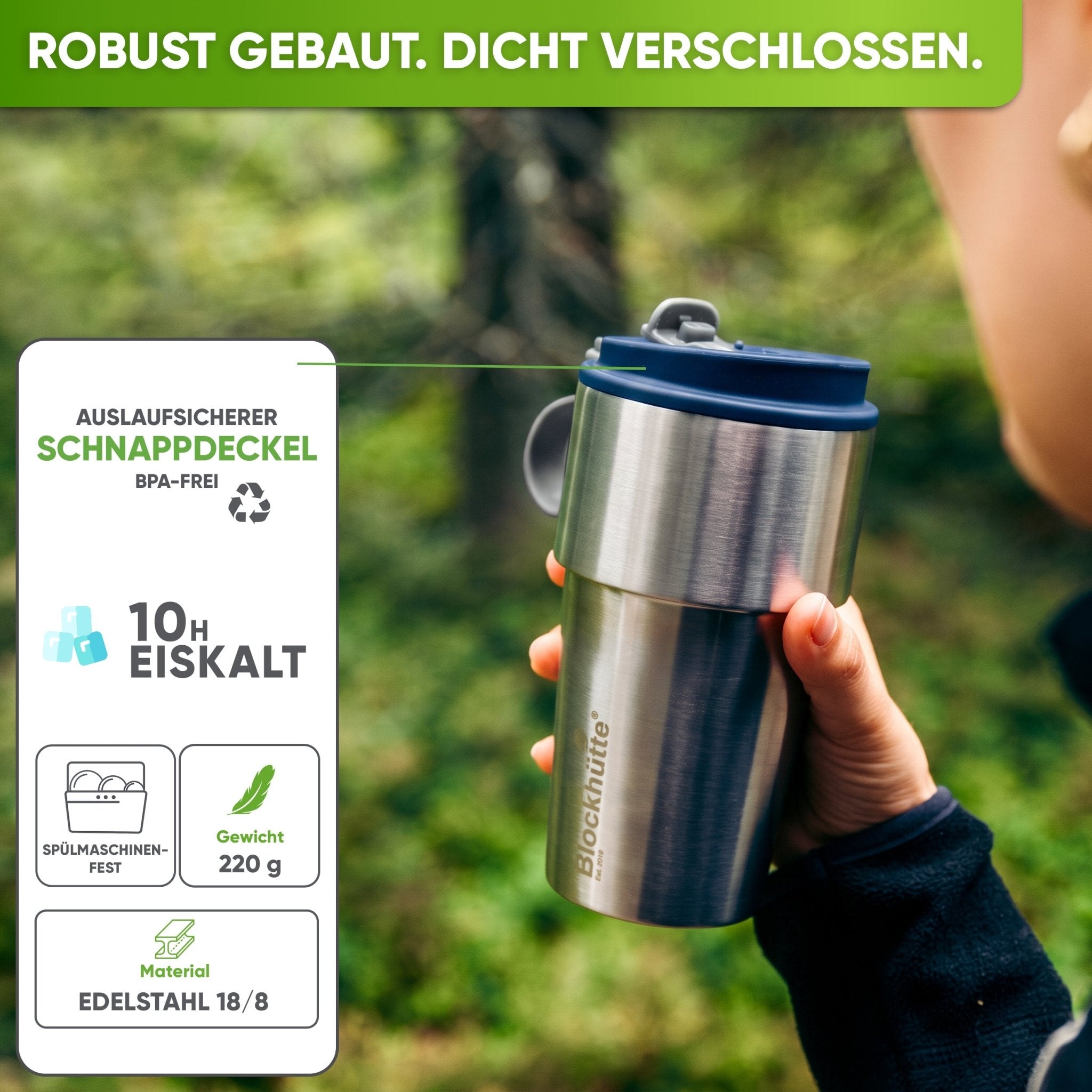 Isolierter Edelstahl Thermobecher für Kaffee und Tee – Dunkelblau, 500ml, Ansicht 1