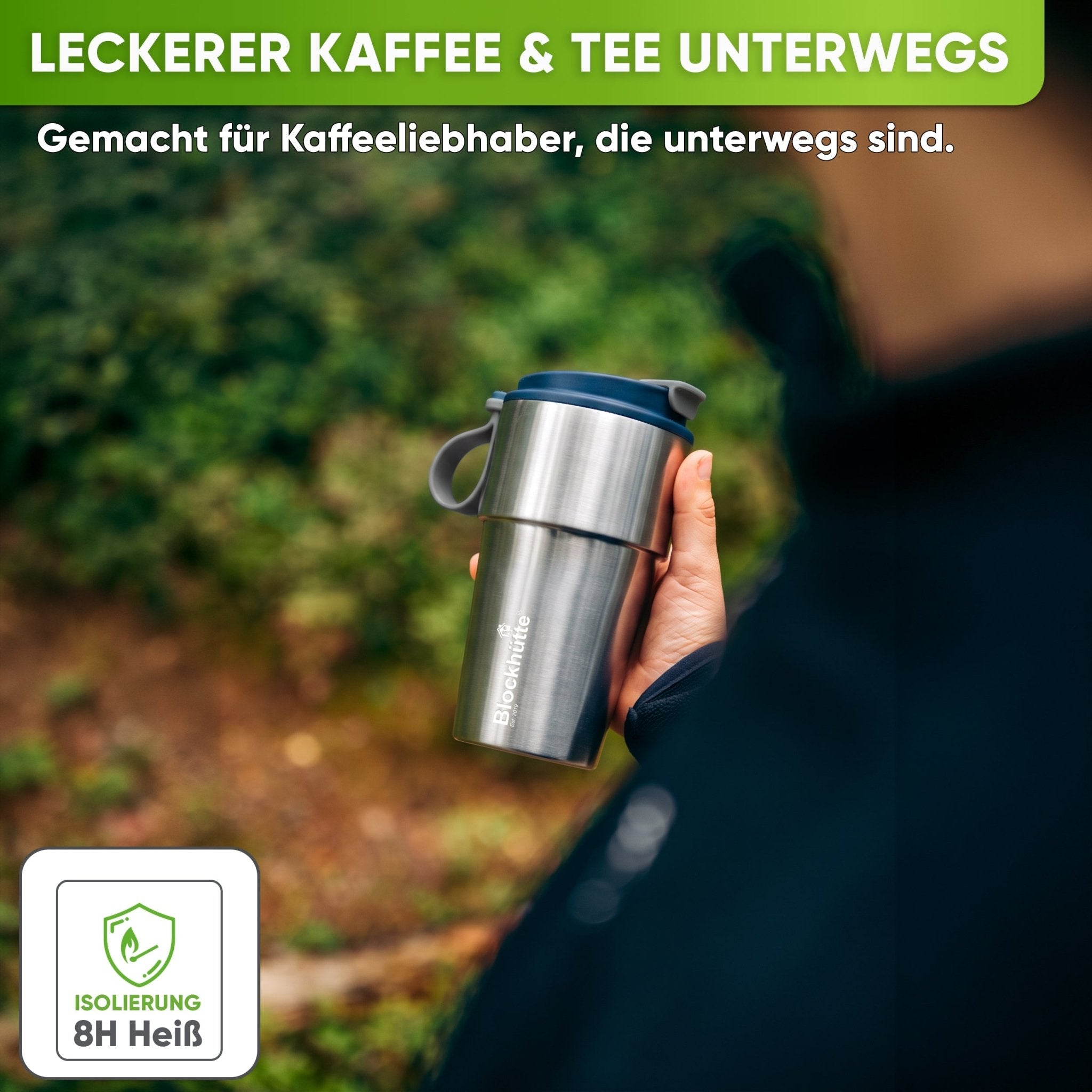 Isolierter Edelstahl Thermobecher für Kaffee und Tee – Dunkelblau, 500ml, Ansicht 4