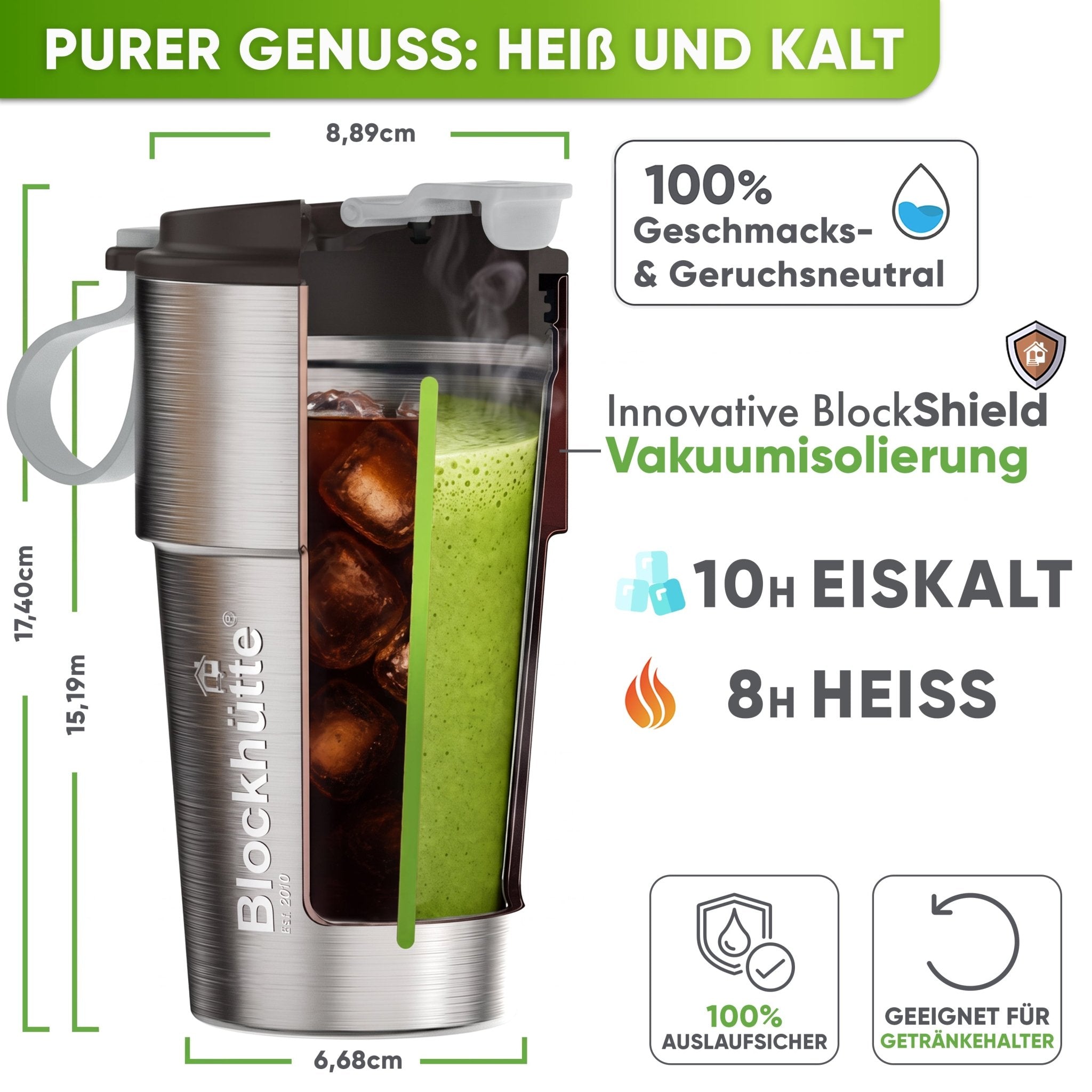 Isolierter Edelstahl Thermobecher für Kaffee und Tee – Braun, 500ml, Ansicht 2
