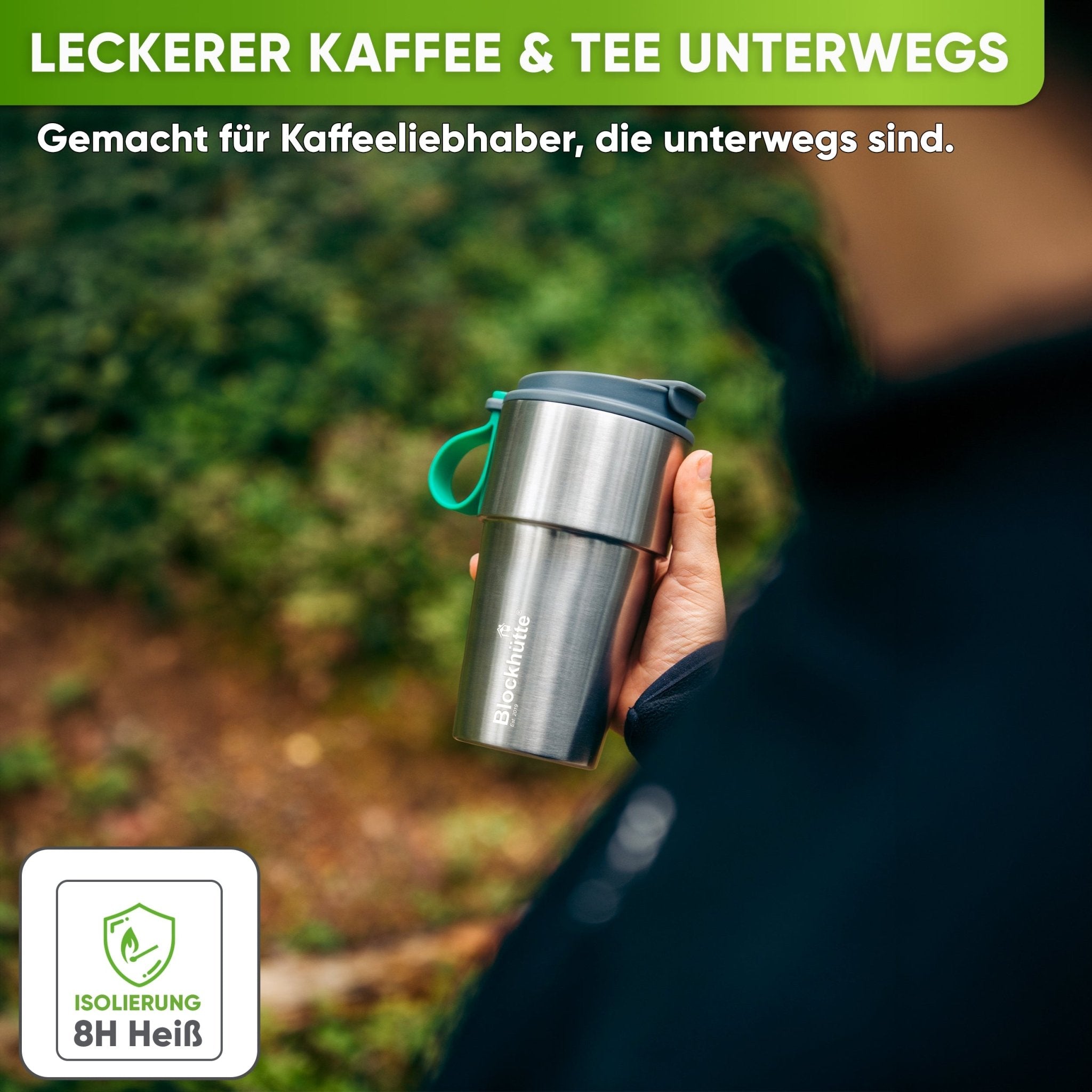Isolierter Edelstahl Thermobecher für Kaffee und Tee – Grau, 500ml, Ansicht 4