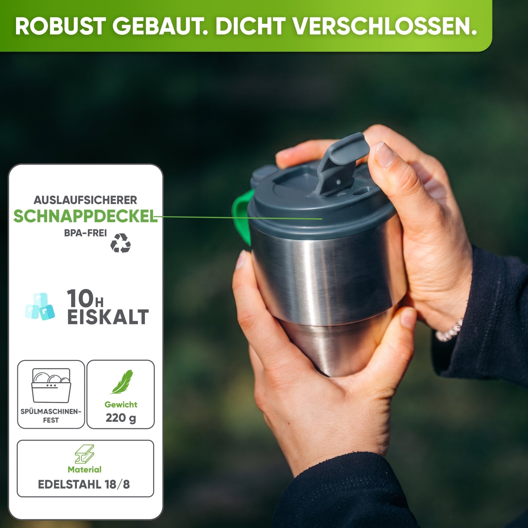 Isolierter Edelstahl Thermobecher für Kaffee und Tee – Grau, 350ml, Ansicht 1