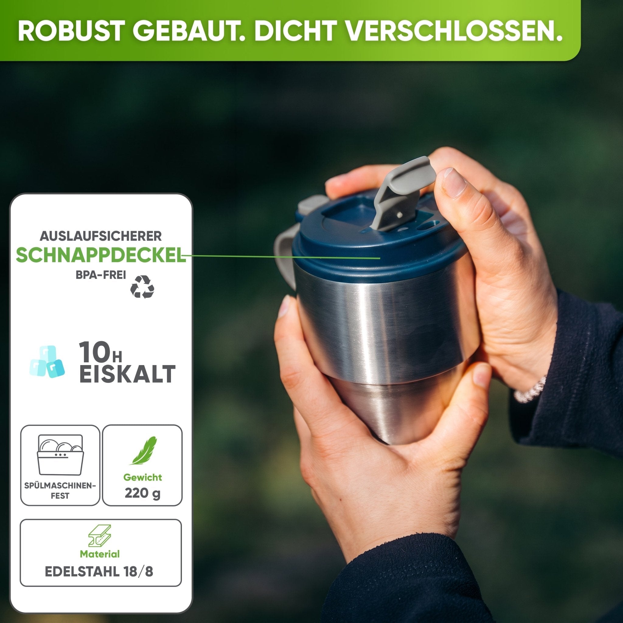 Isolierter Edelstahl Thermobecher für Kaffee und Tee – Dunkelblau, 350ml, Ansicht 1