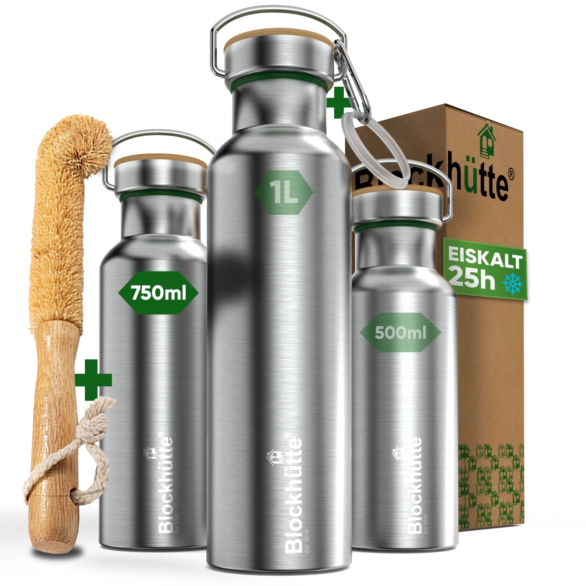 Premium Edelstahl Trinkflasche isoliert mit [GRATIS Bürste] - Blockhütte - BH0007