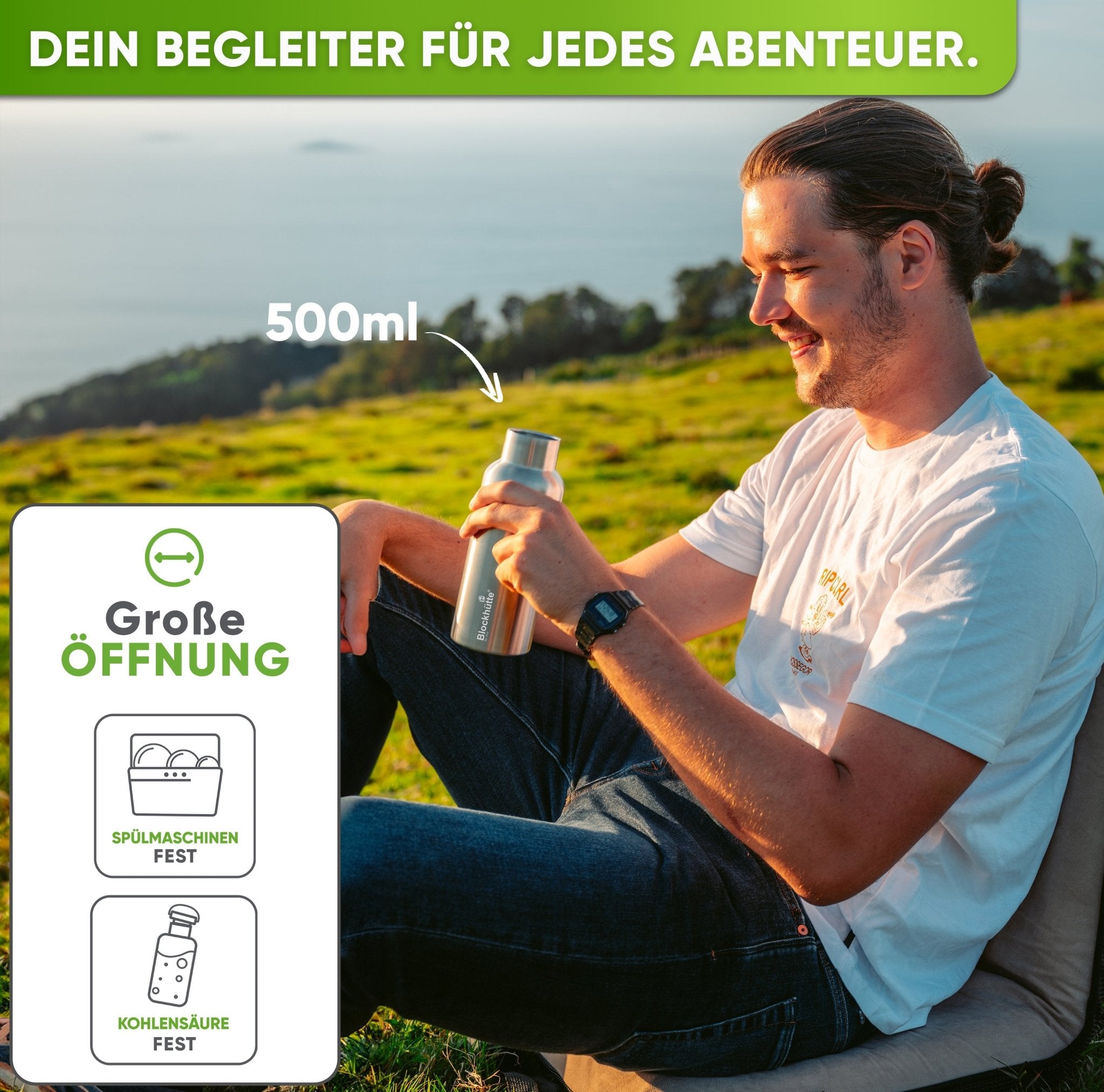 Premium Edelstahl Trinkflasche isoliert mit Silikonmantel - Blockhütte - BH0007-BLAU