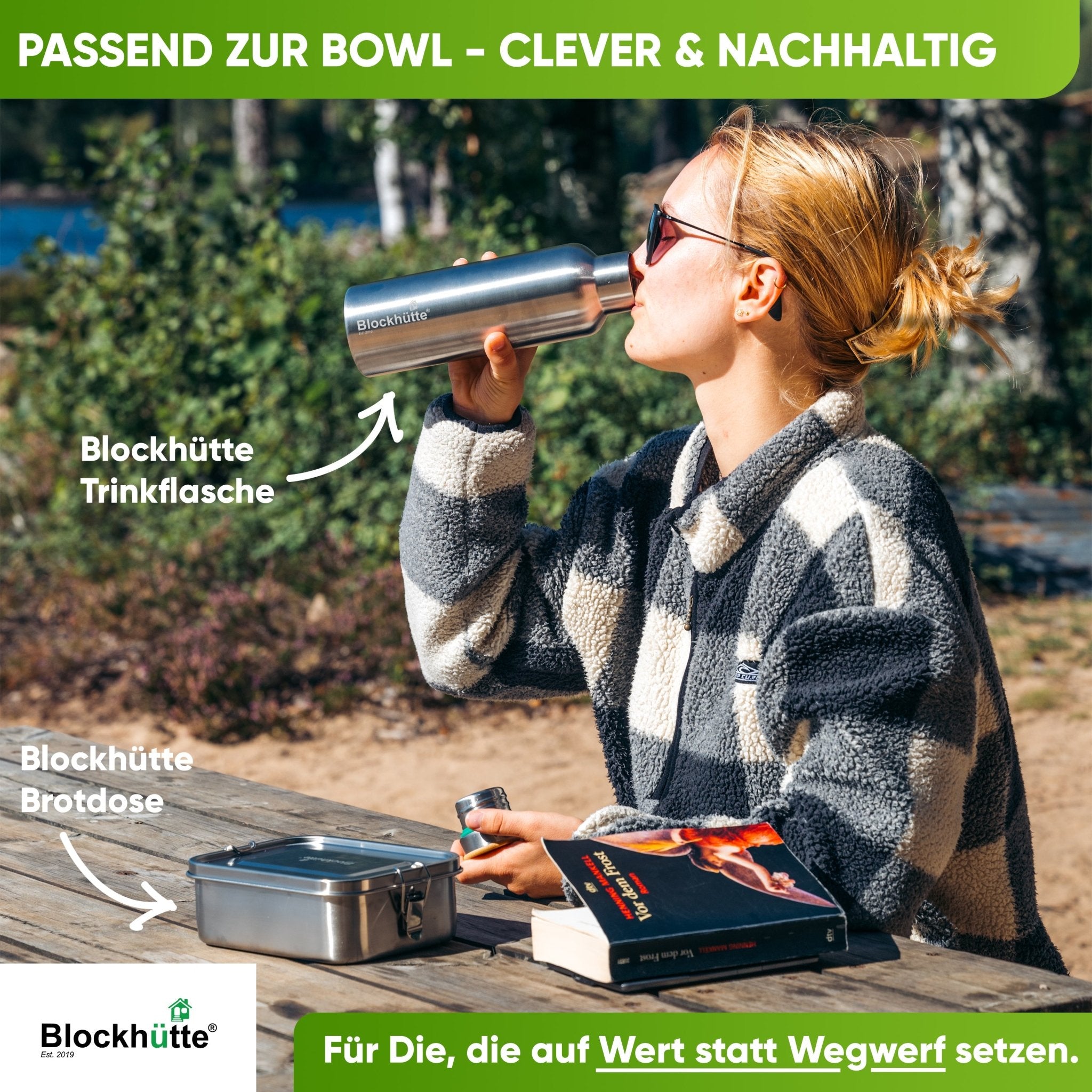 Runde Lunchbox aus Edelstahl mit Dichtung & Löffel - Blockhütte - BH0029